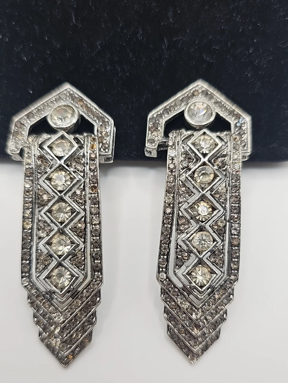 Vintage Art Deco Rhinestone Geometric Clip On Earrings Womens OS Silver OS